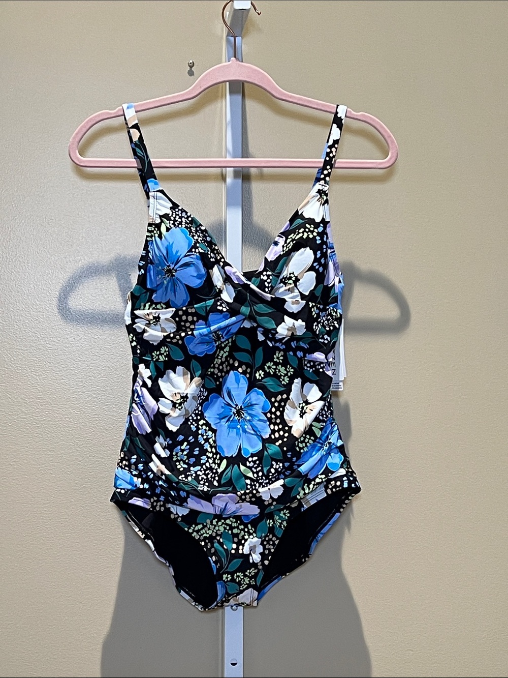 Jantzen Black One-Piece Swimsuit with Blue, White & Green Floral Print